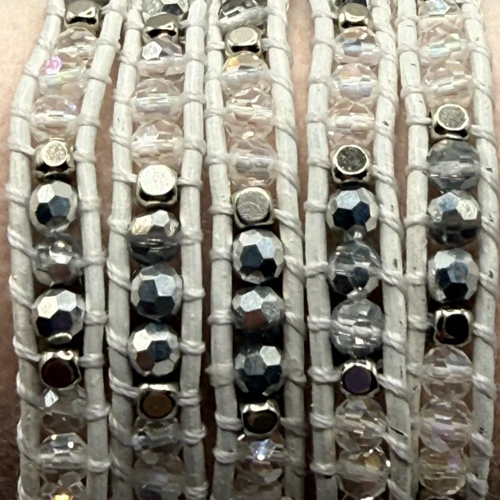 Victoria Emerson 5‑Wrap Bracelet – Iridescent Silver & Clear Crystals White Cord